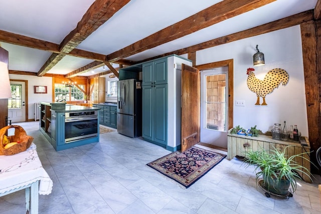428 N Rd, Salisbury, NH 03235 - kitchen featuring stainless steel appliances, blue cabinets, beamed ceiling, a center island, and coffered ceiling