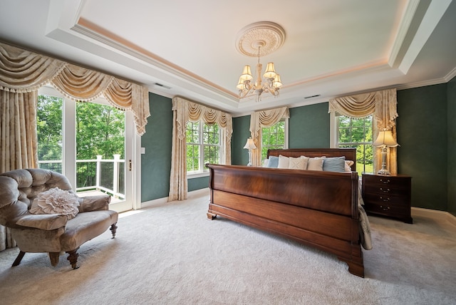3 Baldwin Ln, Bedford, NH 03110 - bedroom with a tray ceiling, a chandelier, access to exterior, carpet, and ornamental molding