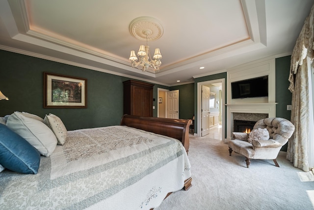 3 Baldwin Ln, Bedford, NH 03110 - bedroom with a raised ceiling, a chandelier, crown molding, light colored carpet, and a fireplace