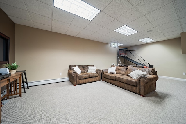 3 Baldwin Ln, Bedford, NH 03110 - living area featuring carpet floors, a baseboard radiator, and a drop ceiling