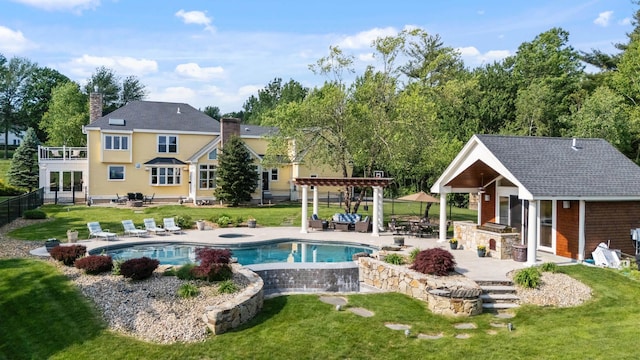 3 Baldwin Ln, Bedford, NH 03110 - outdoor pool featuring an in-ground hot tub, a pergola, a patio, a bar, and an outdoor structure