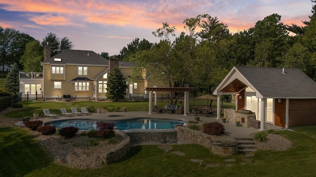 3 Baldwin Ln, Bedford, NH 03110 - pool at dusk with a pergola, an outbuilding, a patio, an outdoor pool, and area for grilling
