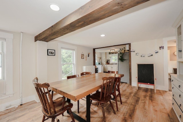5 School St, Tilton, NH 03276 - dining area featuring light wood-style flooring, beamed ceiling, washer / clothes dryer, and recessed lighting