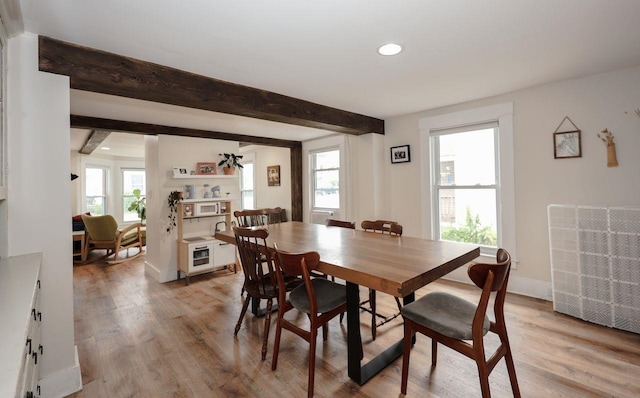 5 School St, Tilton, NH 03276 - dining area with healthy amount of natural light, recessed lighting, light wood-style flooring, and beam ceiling