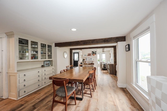 5 School St, Tilton, NH 03276 - dining room with light wood-style flooring, beamed ceiling, and recessed lighting