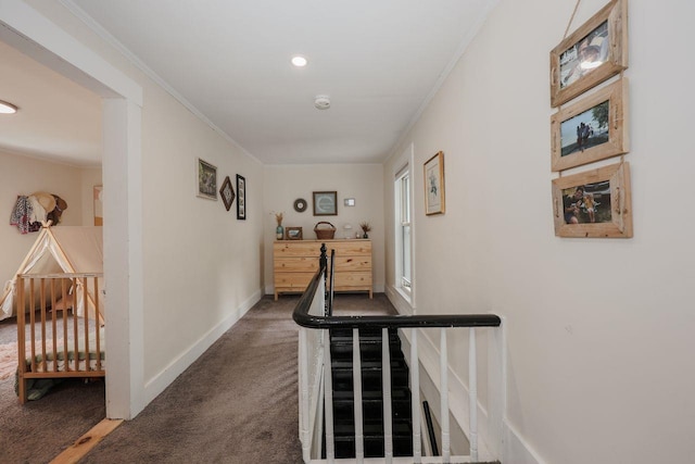 5 School St, Tilton, NH 03276 - hallway with carpet, ornamental molding, an upstairs landing, and recessed lighting