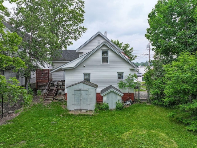 5 School St, Tilton, NH 03276 - back of property featuring a shed, a deck, and a chimney