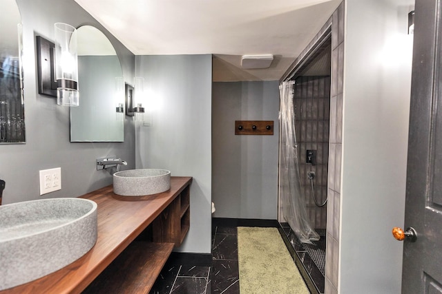 121 Main St, New Ipswich, NH 03071 - full bathroom with a shower with curtain, double vanity, and marble finish flooring
