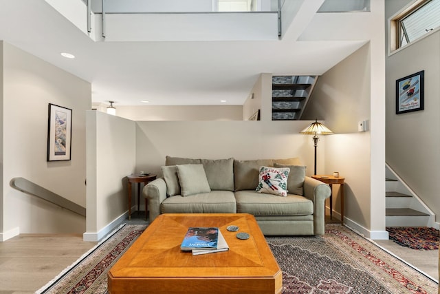 149 Club Sugarbush N Rd, Warren, VT 05674 - living room with stairway, wood finished floors, and recessed lighting