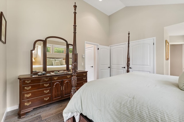 149 Club Sugarbush N Rd, Warren, VT 05674 - bedroom with high vaulted ceiling, dark wood-type flooring, and a closet