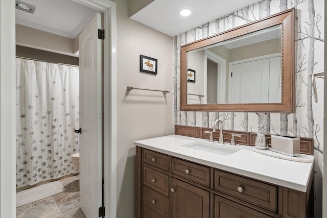 149 Club Sugarbush N Rd, Warren, VT 05674 - bathroom with vanity, ornamental molding, stone finish floors, and curtained shower