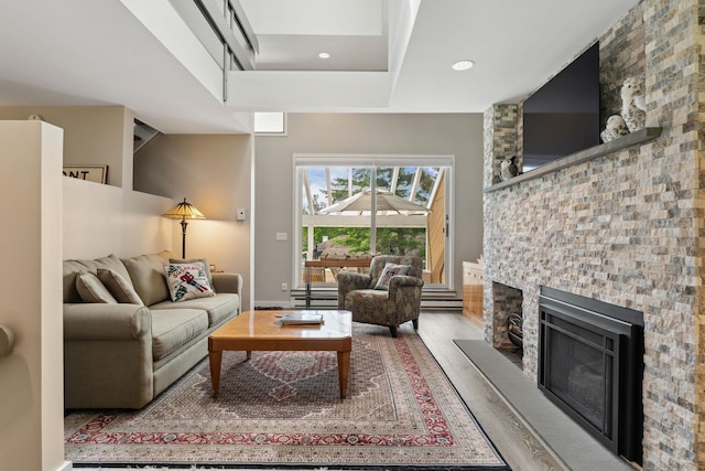 149 Club Sugarbush N Rd, Warren, VT 05674 - living area with wood finished floors, a fireplace, and recessed lighting