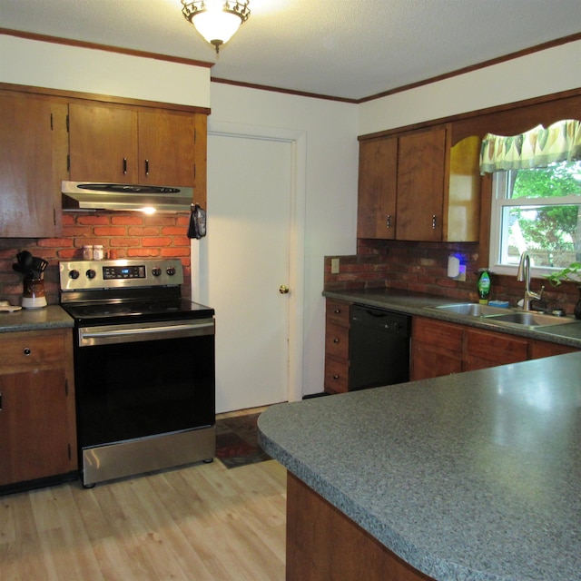 129 Chestnut St, Claremont, NH 03743 - kitchen with stainless steel range with electric stovetop, black dishwasher, under cabinet range hood, light wood-style floors, and decorative backsplash