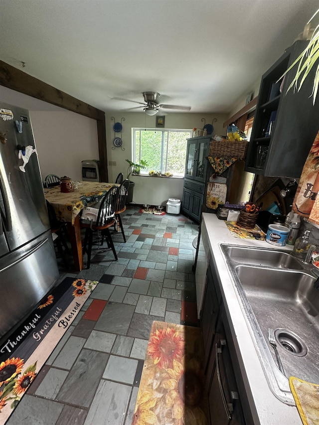 74 Dutton District Rd, Springfield, VT 05156 - kitchen featuring freestanding refrigerator and a ceiling fan