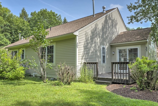 53 Summit Ridge Dr, Keene, NH 03431 - view of side of property with a wooden deck, a lawn, and roof with shingles