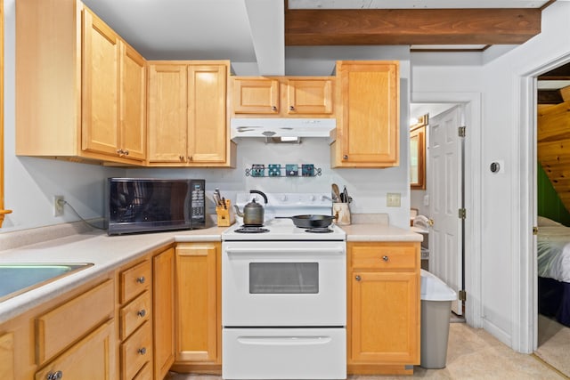 11 Island Dr, Madison, NH 03849 - kitchen with white range with electric cooktop, black microwave, under cabinet range hood, light brown cabinets, and light countertops