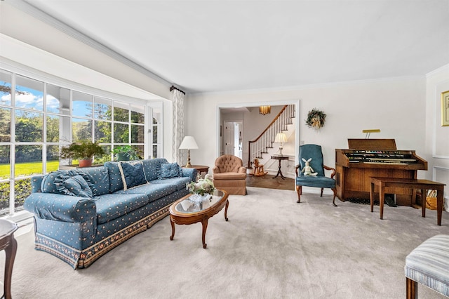 5 Melendy Holw, Amherst, NH 03031 - carpeted living room with ornamental molding and stairway