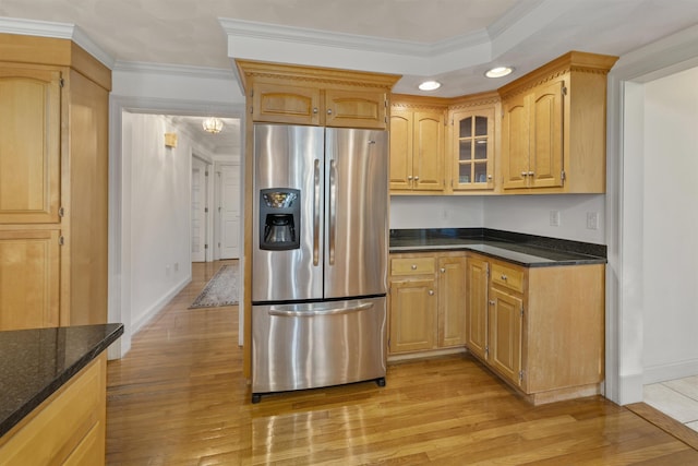 8 Aulson Rd, Salem, NH 03079 - kitchen featuring stainless steel fridge, crown molding, light wood-style flooring, recessed lighting, and glass insert cabinets