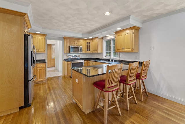 8 Aulson Rd, Salem, NH 03079 - kitchen featuring stainless steel appliances, a peninsula, ornamental molding, light wood finished floors, and a kitchen breakfast bar
