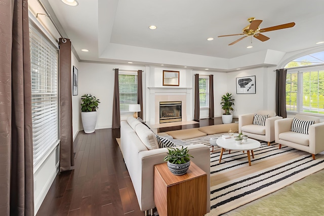 8 Aulson Rd, Salem, NH 03079 - living area featuring wood finished floors, a glass covered fireplace, ceiling fan, and recessed lighting