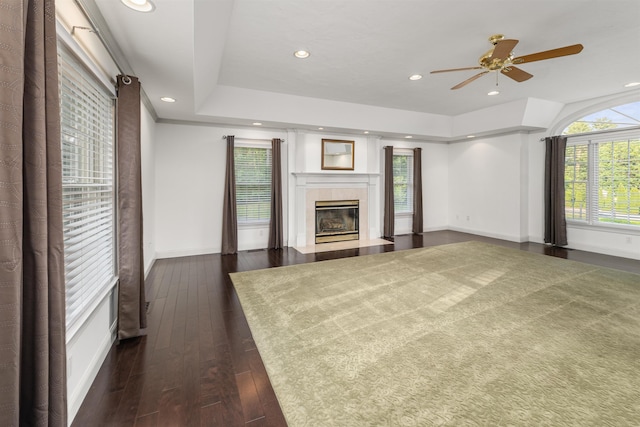 8 Aulson Rd, Salem, NH 03079 - unfurnished living room with a tiled fireplace, a ceiling fan, dark wood-style floors, and recessed lighting