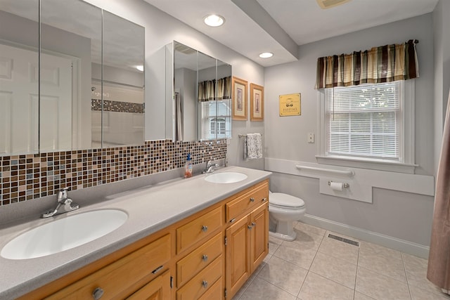 8 Aulson Rd, Salem, NH 03079 - full bathroom with decorative backsplash, double vanity, tile patterned flooring, a tile shower, and recessed lighting