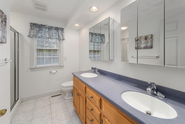 8 Aulson Rd, Salem, NH 03079 - full bath featuring tile patterned flooring, a shower with shower door, double vanity, and recessed lighting