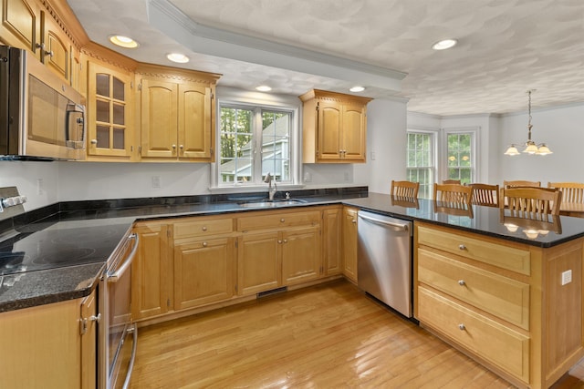 8 Aulson Rd, Salem, NH 03079 - kitchen with appliances with stainless steel finishes, a peninsula, light wood-type flooring, plenty of natural light, and crown molding