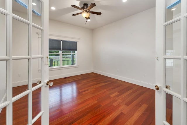 85 Blueberry Hill Rd, Meredith, NH 03253 - unfurnished bedroom featuring french doors, wood finished floors, recessed lighting, and a ceiling fan