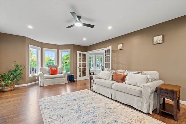 104 Windsor Dr, Auburn, NH 03032 - living room featuring a ceiling fan, wood finished floors, french doors, and recessed lighting