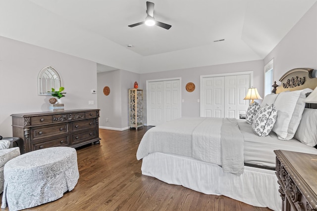 104 Windsor Dr, Auburn, NH 03032 - bedroom featuring two closets, wood finished floors, and a ceiling fan