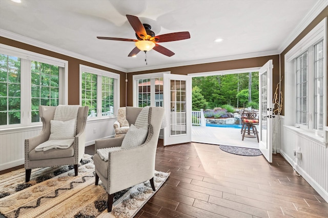 104 Windsor Dr, Auburn, NH 03032 - sunroom / solarium featuring wood finished floors, crown molding, french doors, and recessed lighting