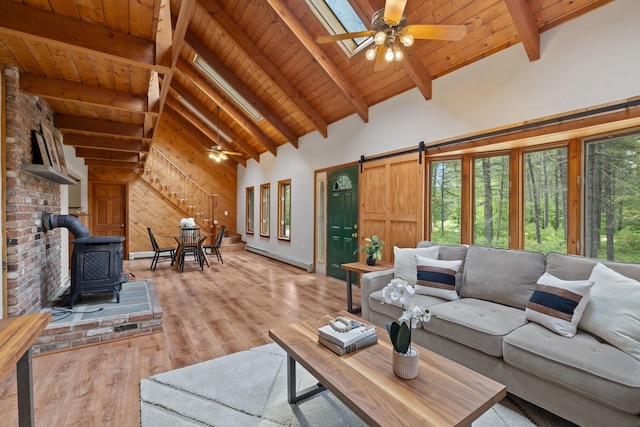 26 Old Mill Rd, Ossipee, NH 03890 - living area featuring a wood stove, ceiling fan, a baseboard heating unit, wood finished floors, and a wood ceiling with exposed beams