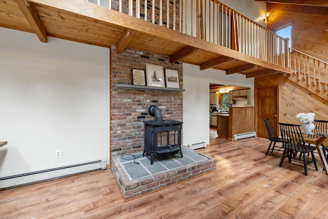 26 Old Mill Rd, Ossipee, NH 03890 - living area featuring a baseboard radiator, wooden walls, a wood stove, light wood-type flooring, and a wood ceiling with exposed beams