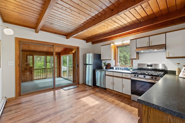 26 Old Mill Rd, Ossipee, NH 03890 - kitchen with appliances with stainless steel finishes, under cabinet range hood, a wood ceiling with exposed beams, dark countertops, and healthy amount of natural light