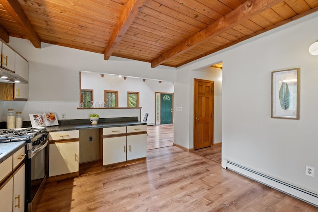 26 Old Mill Rd, Ossipee, NH 03890 - kitchen featuring a baseboard radiator, gas stove, a peninsula, light wood finished floors, and a wood ceiling with exposed beams