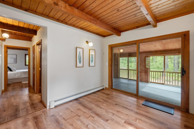 26 Old Mill Rd, Ossipee, NH 03890 - spare room with a baseboard radiator, a wood ceiling with exposed beams, and light wood finished floors