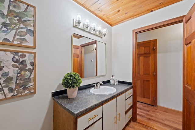 26 Old Mill Rd, Ossipee, NH 03890 - bathroom with vanity, wood ceiling, and wood finished floors