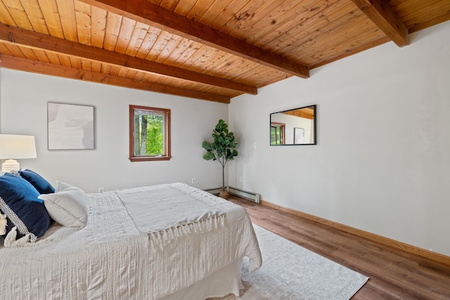 26 Old Mill Rd, Ossipee, NH 03890 - bedroom featuring a wood ceiling with exposed beams, wood finished floors, and baseboard heating