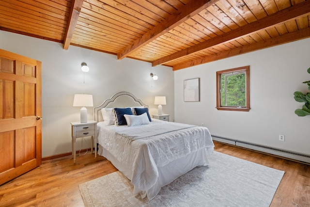 26 Old Mill Rd, Ossipee, NH 03890 - bedroom with wood ceiling, a baseboard heating unit, and light wood-style floors