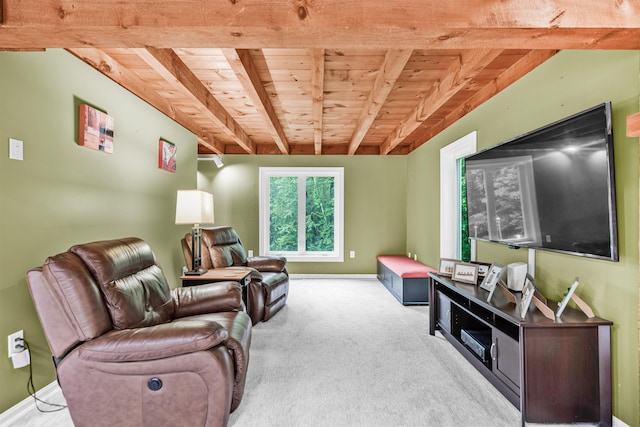 329 Peverly Rd, Northfield, NH 03276 - carpeted living room with a wood ceiling with exposed beams and baseboards