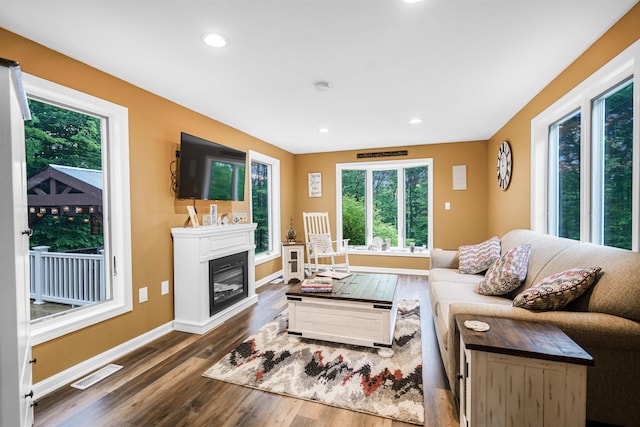 329 Peverly Rd, Northfield, NH 03276 - living room featuring healthy amount of natural light, wood finished floors, recessed lighting, and a glass covered fireplace