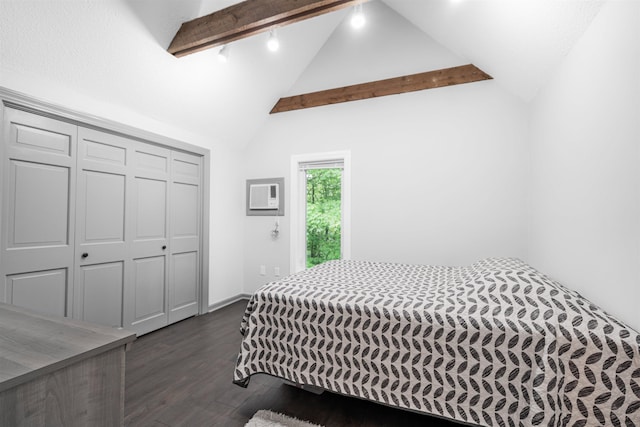 329 Peverly Rd, Northfield, NH 03276 - bedroom with beamed ceiling, dark wood-style flooring, a closet, a wall unit AC, and high vaulted ceiling