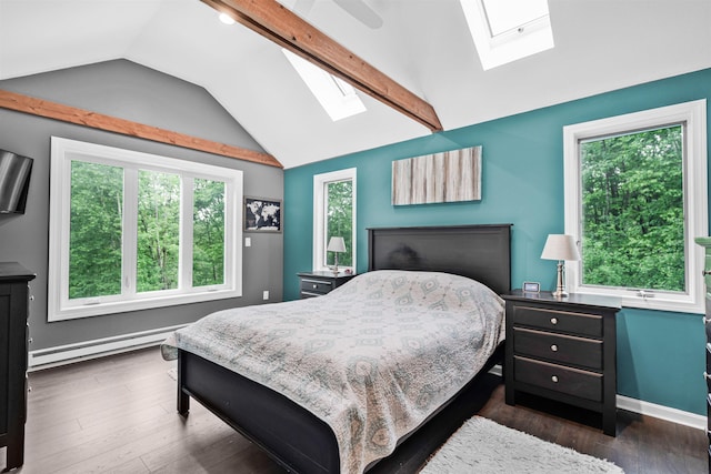 329 Peverly Rd, Northfield, NH 03276 - bedroom with a skylight, baseboard heating, lofted ceiling, and dark wood-style floors