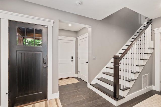 5 Michaels Way, Laconia, NH 03246 - foyer featuring dark wood-style floors, stairway, and recessed lighting