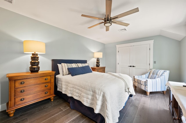5 Michaels Way, Laconia, NH 03246 - bedroom featuring dark wood finished floors, a closet, vaulted ceiling, and ceiling fan