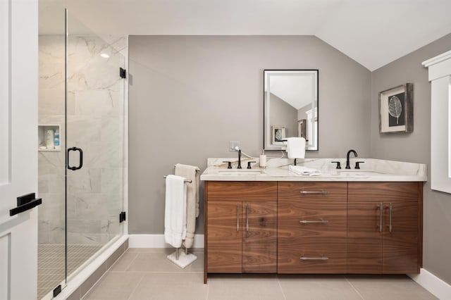 5 Michaels Way, Laconia, NH 03246 - full bath featuring double vanity, tile patterned flooring, a marble finish shower, and lofted ceiling