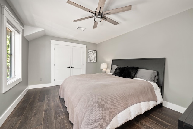 5 Michaels Way, Laconia, NH 03246 - bedroom with dark wood-type flooring, ceiling fan, a closet, and lofted ceiling