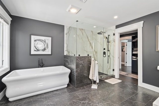 5 Michaels Way, Laconia, NH 03246 - full bathroom with a freestanding tub, a marble finish shower, recessed lighting, and marble finish floors