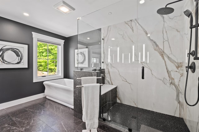5 Michaels Way, Laconia, NH 03246 - full bathroom with marble tiled floors, a marble finish shower, a soaking tub, recessed lighting, and vanity